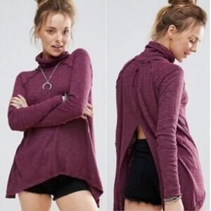 Free People Purple Slit Back Long Sleeve Turtleneck High Low Hem Top